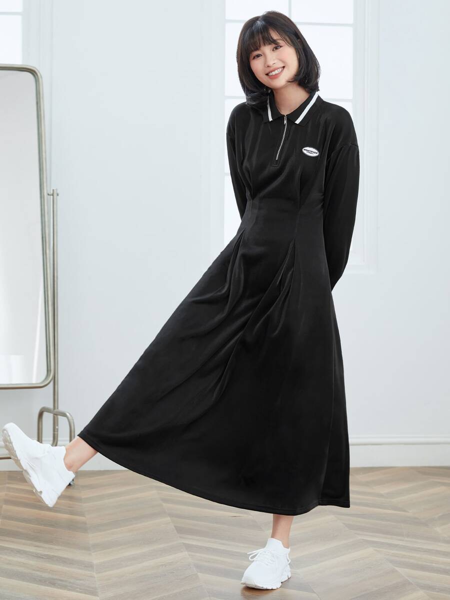 Mulvari 半開襟拉鏈補丁細節洋裝 - 黑色 - 查看 1