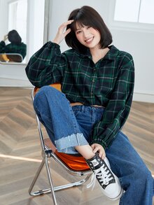 SHEIN EZwear Áo sơ mi Thả vai In Tartan Mùa vụ - Nhiều màu - Xem 3