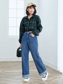 SHEIN EZwear Áo sơ mi Thả vai In Tartan Mùa vụ - Nhiều màu - Xem 4
