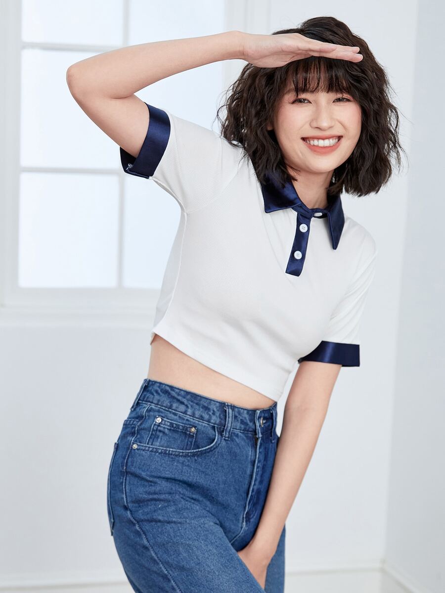 Contrast Trim Polo Neck Crop Tee - White - View 1