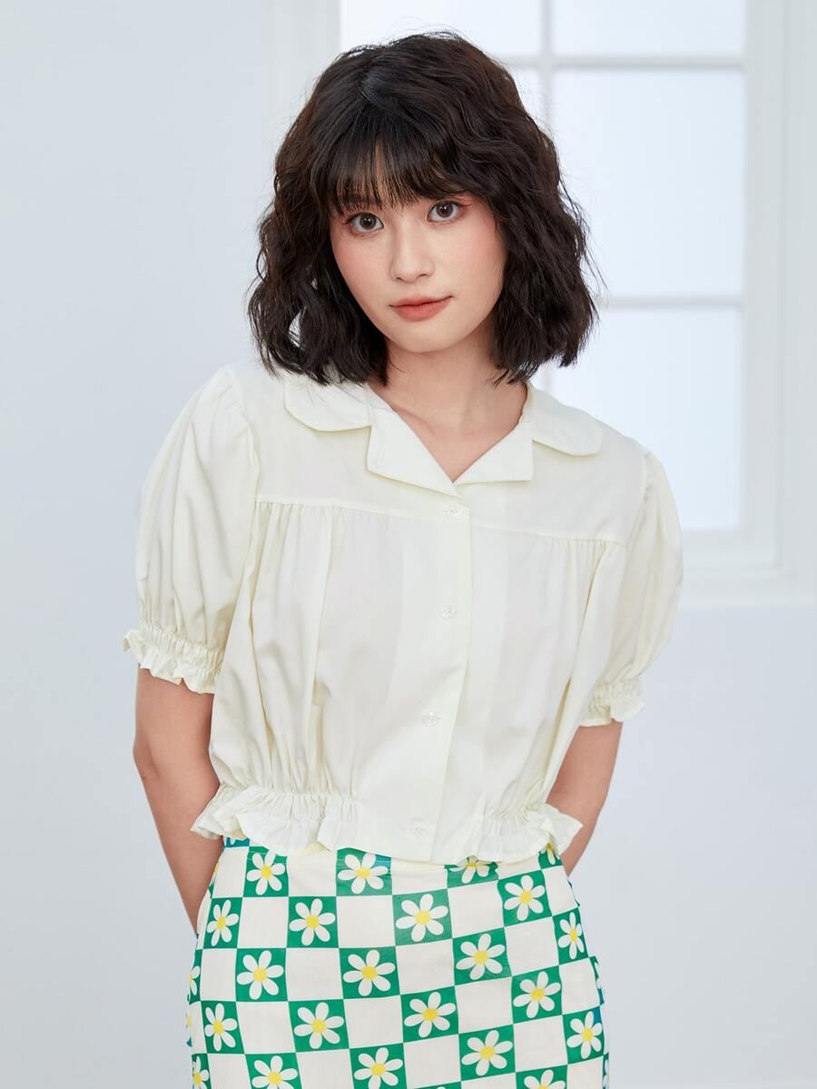 Blus Crop dengan Kancing Depan Polos dan Hiasan Rumbai - Aprikot - View 1