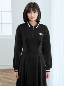 Mulvari 半開襟拉鏈補丁細節洋裝 - 黑色 - 查看 3