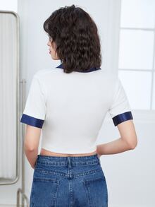 Contrast Trim Polo Neck Crop Tee - White - View 2