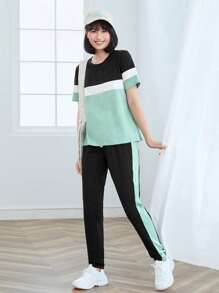 SHEIN LUNE 拼色tee和抽繩腰褲子套裝 - 彩色 - 查看 1