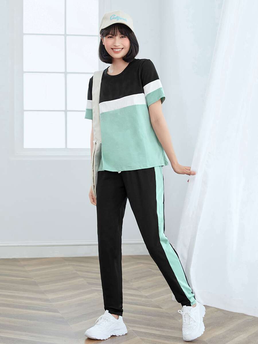 SHEIN LUNE 拼色tee和抽繩腰褲子套裝 - 彩色 - 查看 1