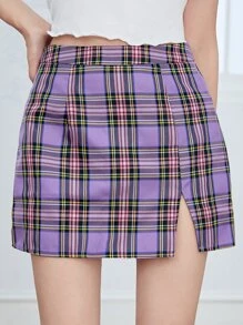 SHEIN 開衩下擺格紋半身裙 - 紫丁香色 - 查看 1