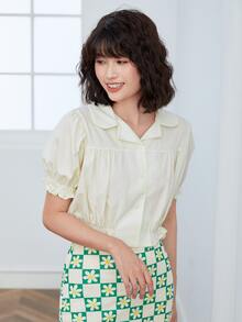 Blus Crop dengan Kancing Depan Polos dan Hiasan Rumbai - Aprikot - View 3