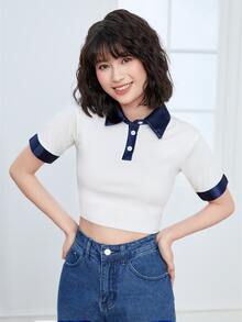 Contrast Trim Polo Neck Crop Tee - White - View 3