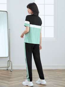 SHEIN LUNE 拼色tee和抽繩腰褲子套裝 - 彩色 - 查看 2