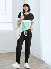 SHEIN LUNE 拼色tee和抽繩腰褲子套裝 - 彩色 - 查看 3