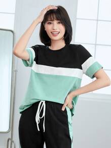 SHEIN LUNE 拼色tee和抽繩腰褲子套裝 - 彩色 - 查看 4