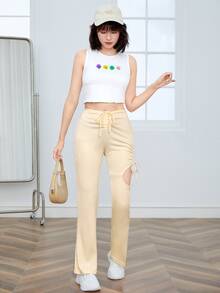 Cut Out Ruched Drawstring Flare Leg Pants - Apricot - View 3
