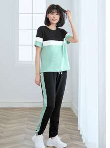 SHEIN LUNE 拼色tee和抽繩腰褲子套裝 - 彩色 - 查看 6