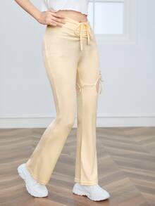 Cut Out Ruched Drawstring Flare Leg Pants - Apricot - View 5