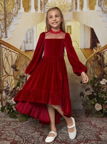 SHEIN Girls Lantern Sleeve High Low Ruffle Hem Velvet Dress - Red - View 3