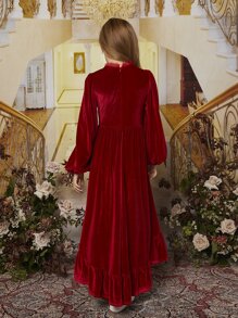 SHEIN Girls Lantern Sleeve High Low Ruffle Hem Velvet Dress - Red - View 2