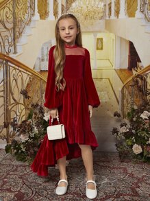 SHEIN Girls Lantern Sleeve High Low Ruffle Hem Velvet Dress - Red - View 4