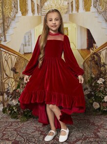 SHEIN Girls Lantern Sleeve High Low Ruffle Hem Velvet Dress - Red - View 5