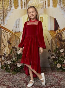 SHEIN Girls Lantern Sleeve High Low Ruffle Hem Velvet Dress - Red - View 6