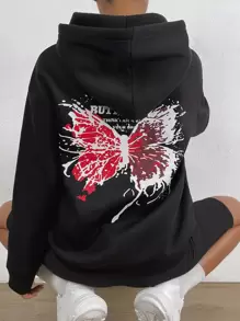 SHEIN Unity Slogan & Butterfly Print Drop Shoulder Hoodie - Black - View 1