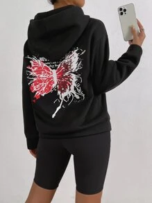 SHEIN Unity Slogan & Butterfly Print Drop Shoulder Hoodie - Black - View 3