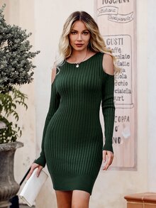 BTFBM Đầm len ôm sát Vai lạnh Đồ đan Ribbed - Màu xanh lá cây đậm - Xem 8