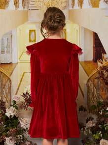 SHEIN Niñas Vestido con lazo delantero ribete con fruncido de terciopelo - Burdeos - Ver 5