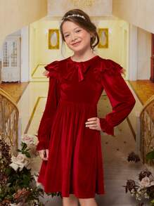 SHEIN Niñas Vestido con lazo delantero ribete con fruncido de terciopelo - Burdeos - Ver 2