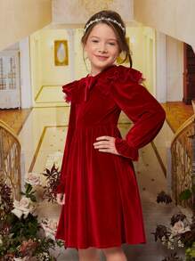 SHEIN Niñas Vestido con lazo delantero ribete con fruncido de terciopelo - Burdeos - Ver 4