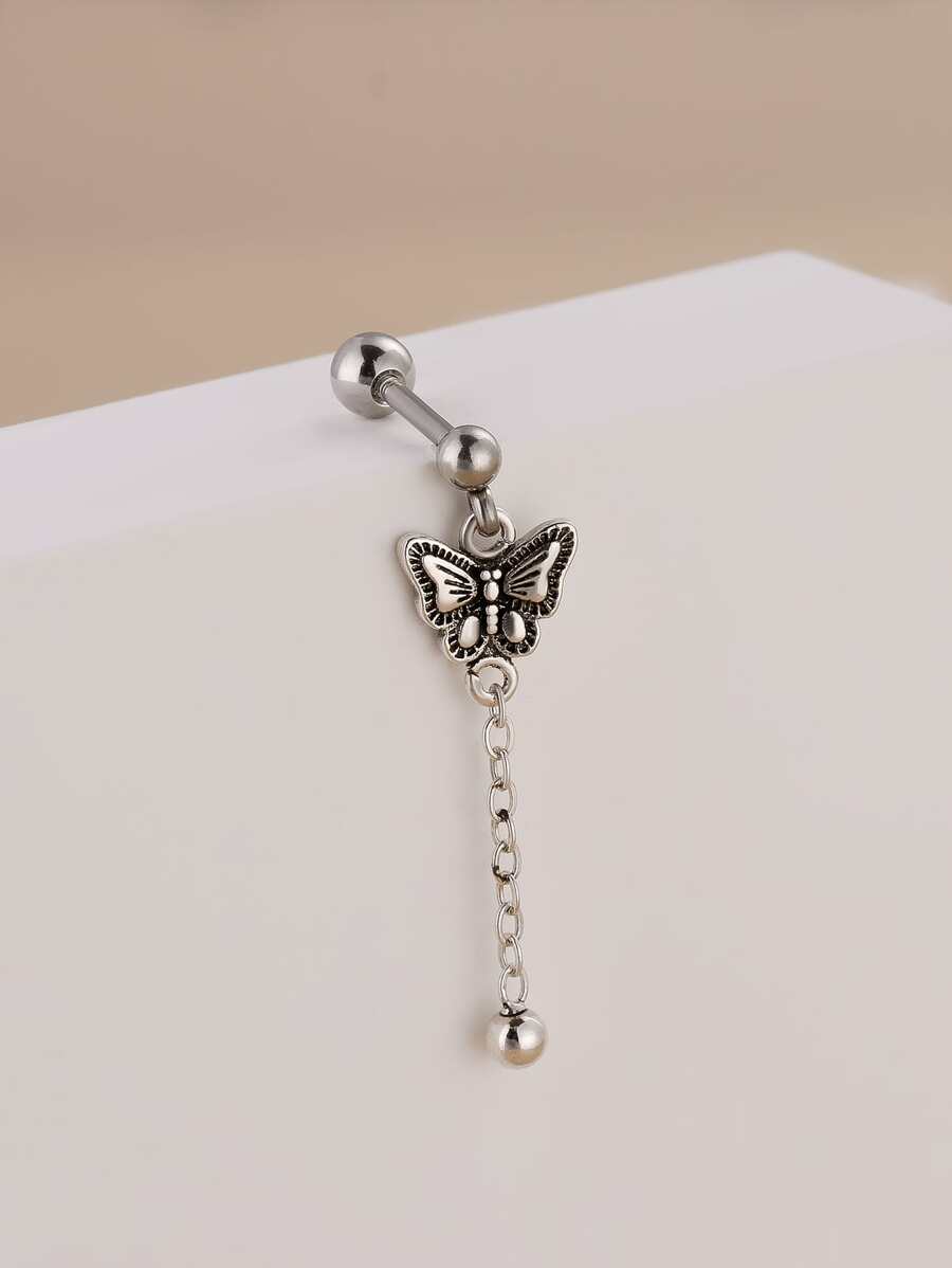 1pc Ball & Butterfly Drop Earring - Màu Bạc Cổ - Xem 1