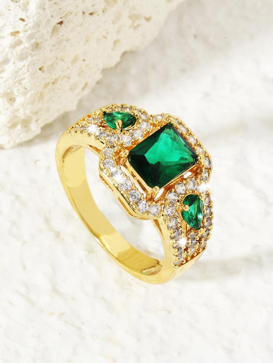 1入組時尚個性化方形方晶鋯石戒指女士情人節派對宴會婚禮禮物 - 綠色 - 查看 1