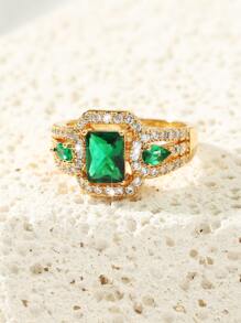 1入組時尚個性化方形方晶鋯石戒指女士情人節派對宴會婚禮禮物 - 綠色 - 查看 2