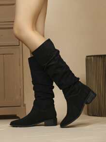 Suedette Point Toe Chunky Heeled Slouchy Boots - Black - View 1