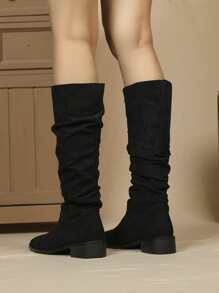 Suedette Point Toe Chunky Heeled Slouchy Boots - Black - View 2