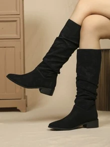 Suedette Point Toe Chunky Heeled Slouchy Boots - Black - View 4