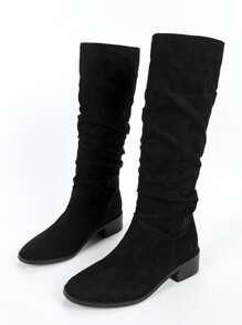 Suedette Point Toe Chunky Heeled Slouchy Boots - Black - View 6