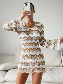 SHEIN Swim Summer Beach Chevron Pattern Backless Knot Cover Up Dress Without Bikini - Khaki - View 2