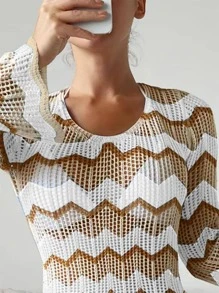 SHEIN Swim Summer Beach Chevron Pattern Backless Knot Cover Up Dress Without Bikini - Khaki - View 3