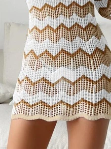 SHEIN Swim Summer Beach Chevron Pattern Backless Knot Cover Up Dress Without Bikini - Khaki - View 4