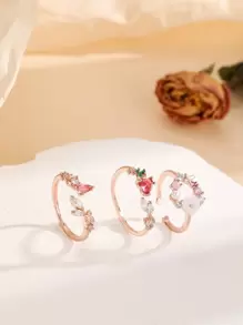3 piezas Anillo con diseño diamante de imitación & de flor