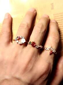 3 piezas Anillo con diseño diamante de imitación & de flor