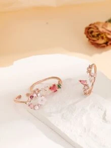 3 piezas Anillo con diseño diamante de imitación & de flor