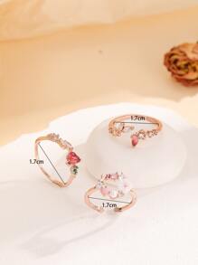 3 piezas Anillo con diseño diamante de imitación & de flor