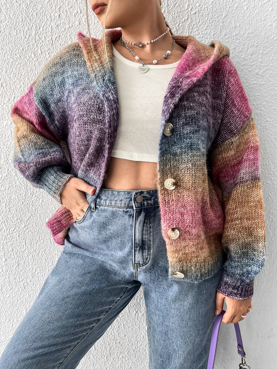 SHEIN Qutie Plus Ombre Drop Shoulder Hooded Cardigan - Multicolor - View 1