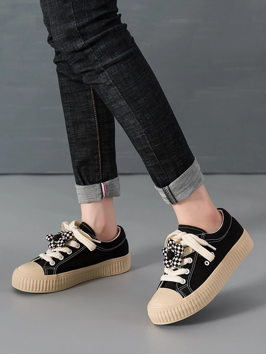 Lace-up Front Canvas Shoes - Black - View 1