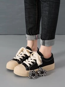 Lace-up Front Canvas Shoes - Black - View 2
