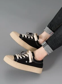 Lace-up Front Canvas Shoes - Black - View 5