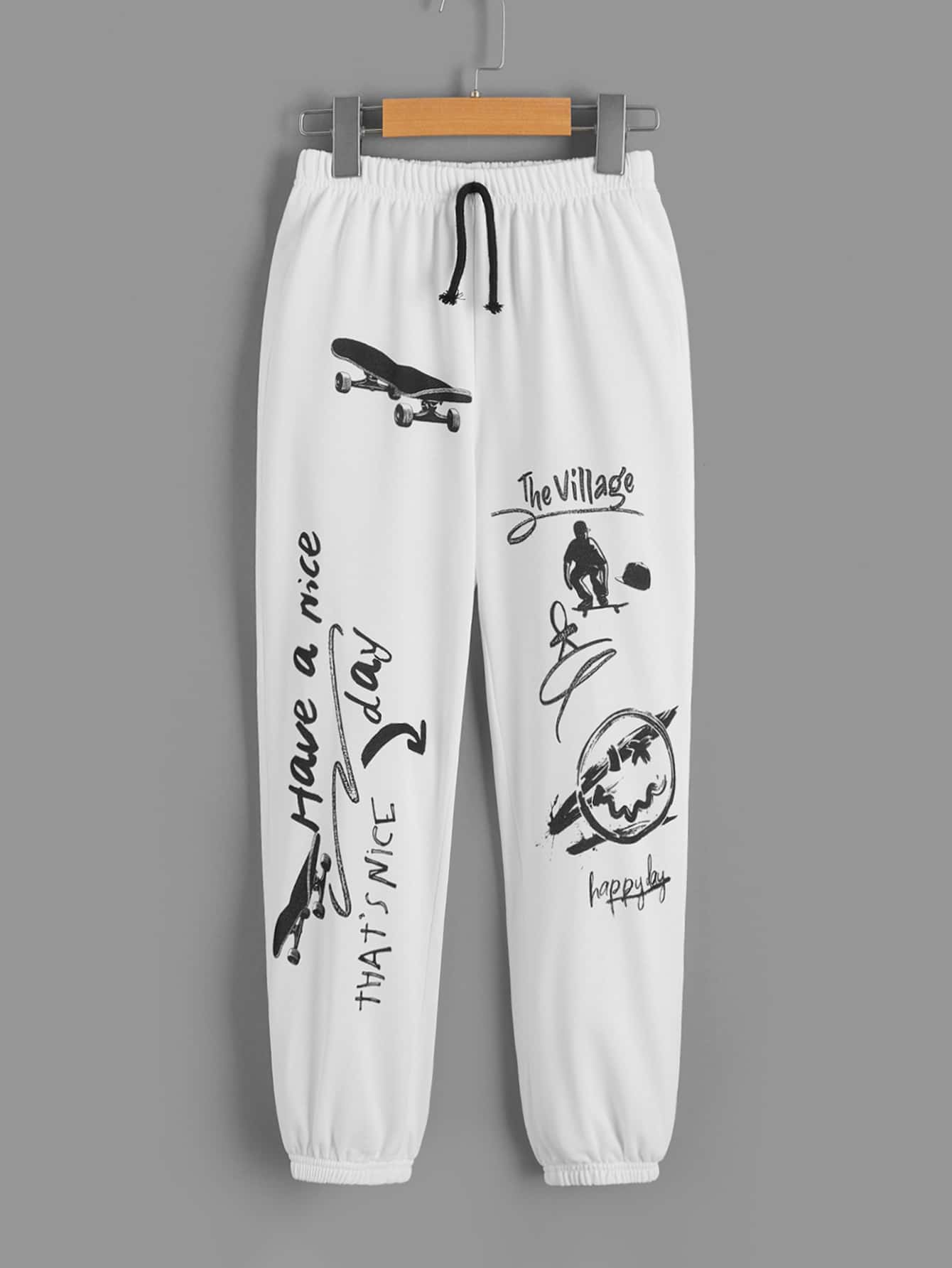 SHEIN 男孩卡通和字母圖案腰部抽繩衛褲 - 白色 - 查看 1