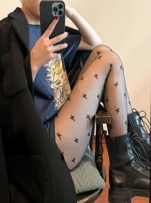 Bow Pattern Sheer Tights - Black - View 2