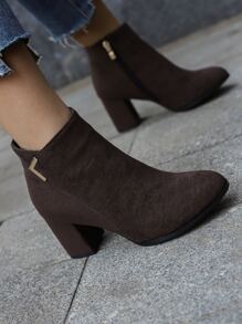 Suedette Metal Decor Point Toe Zipper Side Chunky Heeled Classic Boots - Chocolate Brown - View 1